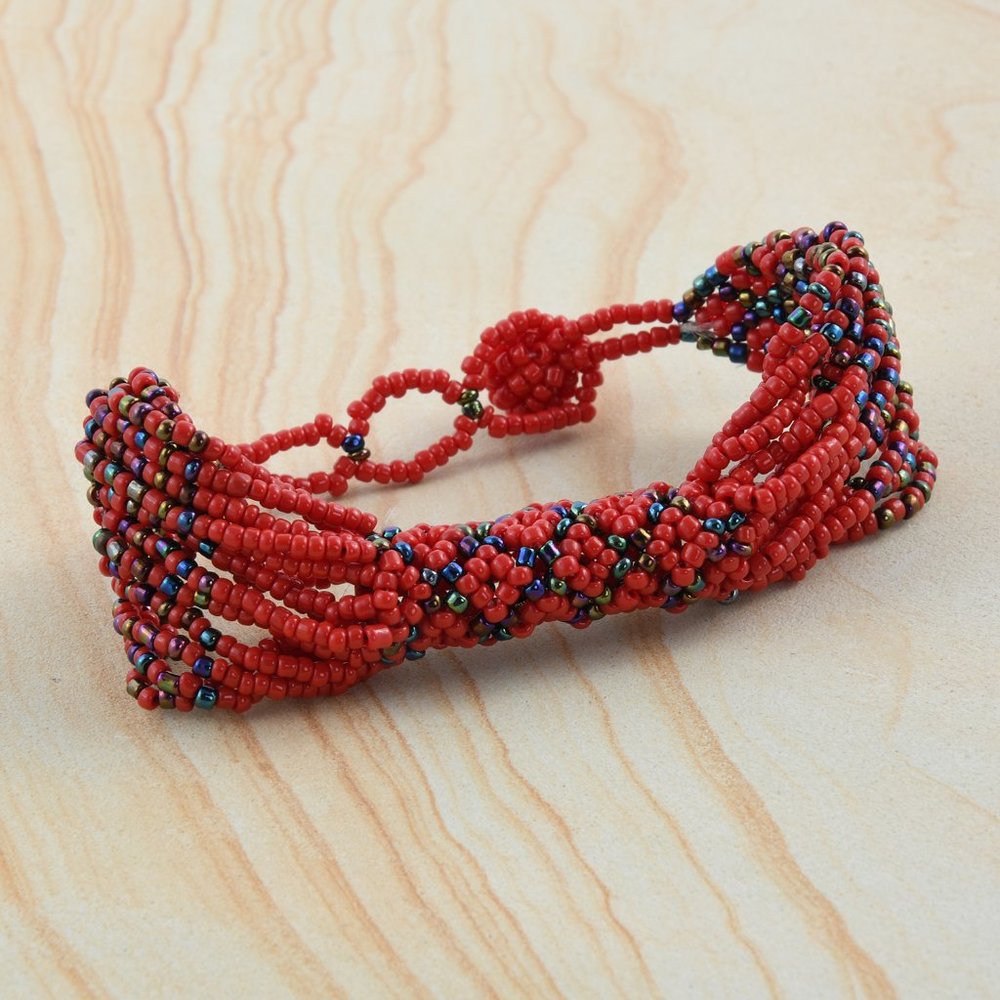 New Boho Red Seed Bead Patterned Bracelet